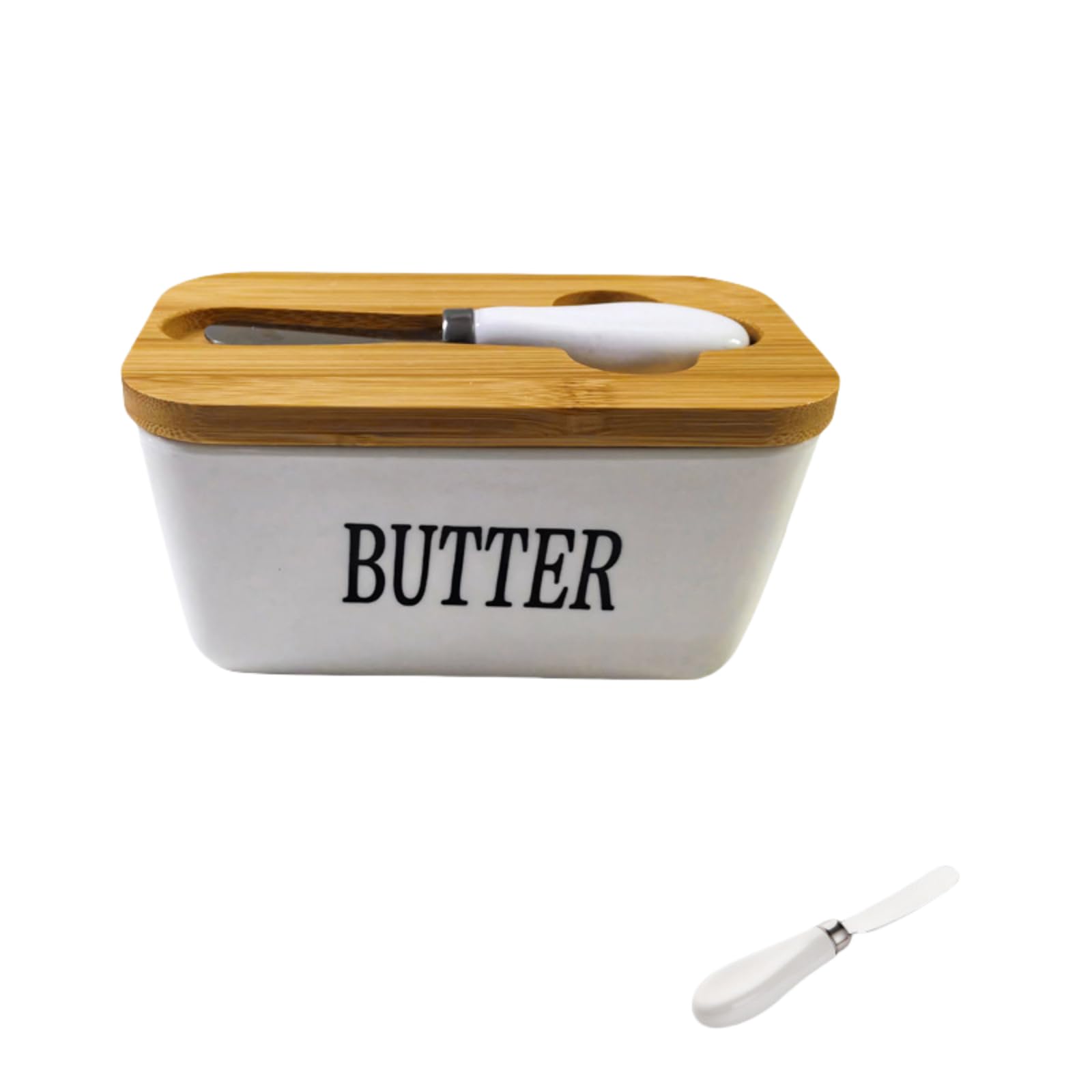 Ceramic Butter Dish with Wooden Lid, Porcelain Butter Dish Container with Air-Tight Seal Lid and Stainless Steel Butter Knife - Large Butter Container Porcelain for Butter , Cheese , Storage — image 1
