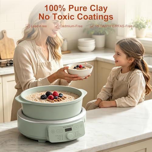 Image of MAGNIFIQUE Slow Cooker, 4.5 Quart 8-in-1 Clay Pot Multi-Cooker, Non-Toxic Slow Cooker with Removable Clay Pot, for Rice, Pasta, Steam & Proof, Nonstick, Oven Safe Pot to 500F, Olive