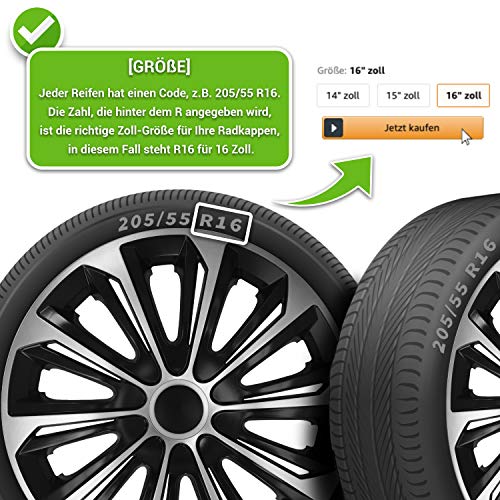 Wieldoppen voor de auto, 4-delige set, geschikt voor alle stalen velgen, instelbare borgring, 16 inch, zwart/zilver - Image 4