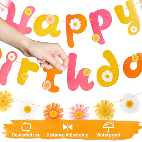 Image of SUNBEAUTY Flower Daisy Happy Birthday Banner Groovy Party Banners Groovy Party Decorations Boho Happy Birthday Banner Daisy Retro Hippie Party Supplies Baby Shower | Pre-Strung