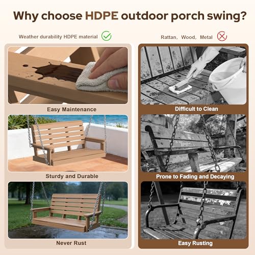 Image of Psilvam 4 FT 2-Seat Porch Swing, 660 LBS Hanging Chair Outdoor, Natural