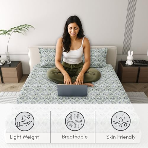 Image of Mafatlal 186 Tc Corsica Pure Cotton Bedsheet King Size | 274 X 274 Cm | Aesthetic Summer Bedding Fabric for Comfortable Sleep | Includes 2 Pillow Covers | Neptube Green