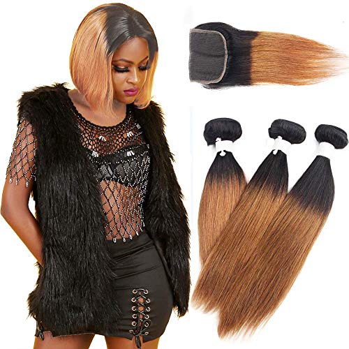 Brazilian Ombre Hair Bundles With Closure - Orange Star 3 PCS Straight Human Hair Weft With 4x4 Free Part Lace Closure (8 10 12+8)