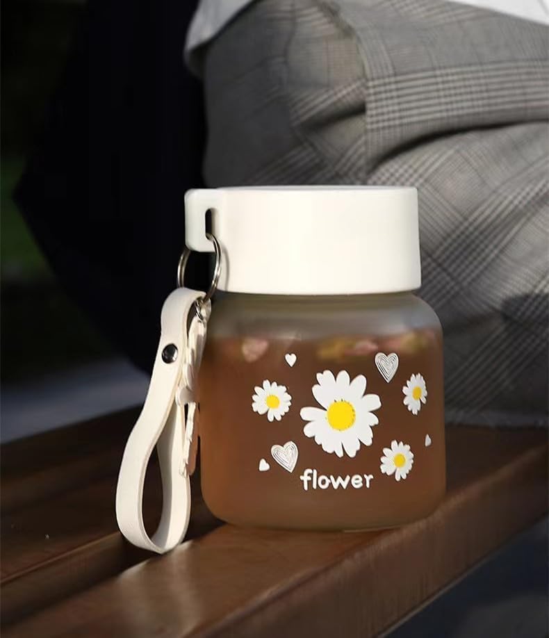 Image of Glassbunny Frosted Glass Water Bottle with Lid and Portable Rope, 300 ML Drinking Glass Coffee Mug Juice Jar Flower Printed Tea Cup for Office, Summer, Home, Outdoor