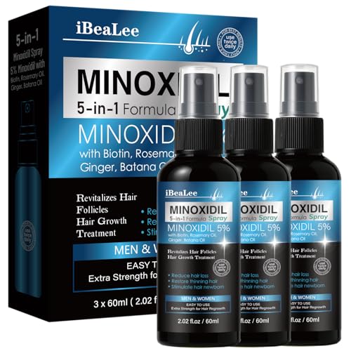 5% Minoxidil for Men and Women Hair Growth, Hair Loss Treatments Serum with Biotin Batana and Rosemary, Minoxidil Hair Growth Spray for Stronger Thicker Fuller Hair Beard Regrowth, 3 Bottles
