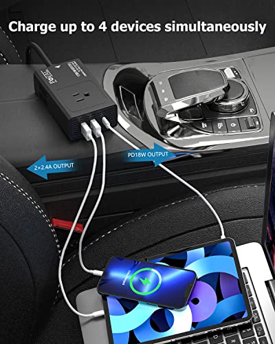 Upgraded FOVAL 175W Power Inverters for Vehicles DC 12V to 110V AC Converter Car Adapter Plug Outlet with [PD USB-C] Multi USB Ports Car Inverter Charger for Laptop Computer