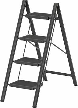 DIAMONDFORGE 4 Step Ladder, Folding Step Stool & Collapsible Stool for Kitchen, 330lbs Capacity with Wide Anti-Slip Pedal & Feet, Sturdy Steel Step Ladder for Home and Office, Black