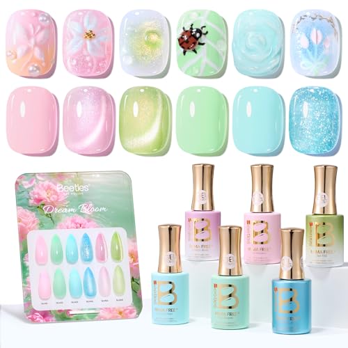 Image of Beetles Hema Free Gel Polish Set, 15 ML 6 Colors Pastel Cat Eye Pink Green Blue Glitter Gel Nail Polish Kit Soak Off UV Nail Art DIY at Home Salon Spring Summer Gift for Women