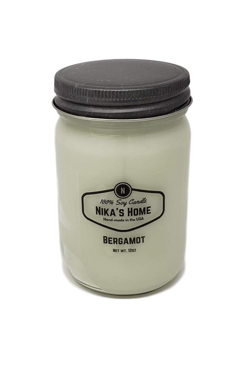 Nika's HomeBergamot Soy Candle 12oz Mason Jar Non-Toxic White Soy Handmade Long Burning 50-60 Hours Highly Scented All Natural Candles Clean Burning Large Candle Gift Décor