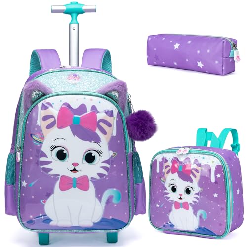 ZBAOGTW Mochila com rodinhas para crianças de 8 a 12 anos, Gato creme roxo, Medium, Personalizado