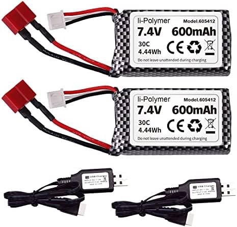 2 Pack 7.4V 600mAh 2S Lipo 40C Rechargeable Battery with Deans T Plug and 2 Charging Cables for YC100 BEZGAR 5 HM162 HM161 9135 1:20 Scale Remote Control Truck RC Cars 9145 Pro Battery