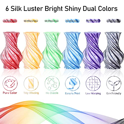 Image of MIKA3D Dual Color 1.75mm 3D Printer Filament Bundle, Silk PLA 6 Spools Pack - White Red, Orange, Green, Blue, Purple, Black - 3D Printing PLA 250g X 6 Spools