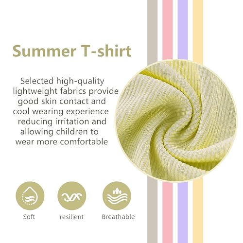 Image of Girls Summer Lettuce Trim Ribbed Knit Short Sleeve T-Shirts Solid Color Casual Blouse Tops