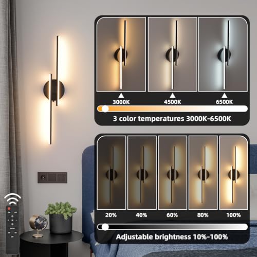 Image of Rechargeable Battery Operated Wall Sconce Set Of Two, Black Wireless LED Wall Sconces With Remote Control, Dimmable 3 Colors Cordless wall lights for Living Room, bedroom, Hallway, 23.6 Inch ( 2pcs)