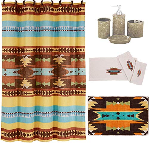 Image of Paseo Road Mesa 9 Piece Aztec Bathroom Set with Shower Curtain, Towel Set, Countertop Accessory Set, Bath Floor Rug, Southwestern Western Style