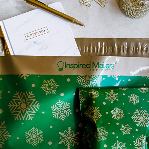 Image of Inspired Mailers - Poly Mailers 14.5x19-50 Pack - Gold Snowflakes Deluxe (Green) - Holiday Shipping Envelopes - Large Mailing Bags - Packing Bags for Shipping