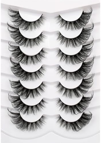 Pooplunch False Eyelashes Fluffy Long Cat Eye Lashes 8D Crossed Fake Eyelashes Flared Dramatic D Curly Faux Mink Lashes 7 Pairs Pack