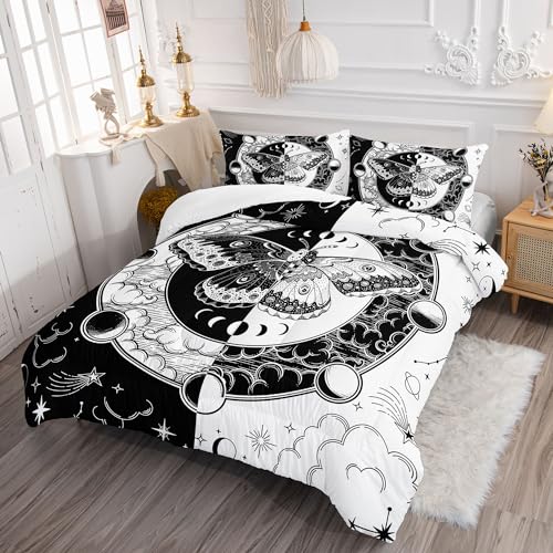 Image of Kids Comforter Set Black White Butterfly Printed Pattern Bedding Set with 1 Comforter and 2 Pillowcases for Girls Boys Bedroom All Season(Black White Butterfly Queen)