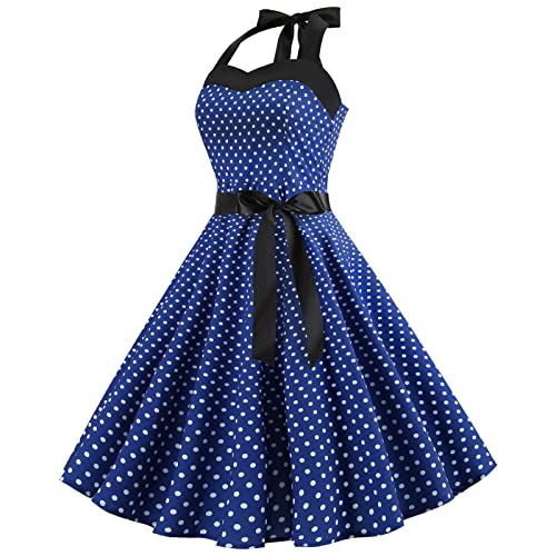Image of Women Vintage Polka Dot 1950s Rockabilly Halter Audrey Dress Retro Floral Evening Cocktail Swing Dress