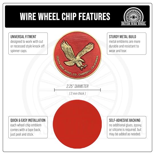 Image of Zenith Eagle Gold & Candy Apple Red Metal Wheel Chip Emblems (Set of 4) | 24K Triple Gold Plated Solid Metal Wheel Chip Emblems, 2.25 inch | for Lowriders w /Recessed KO Spinner Caps