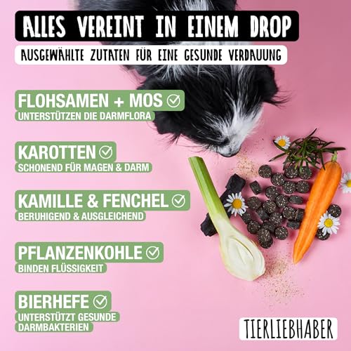 TIERLIEBHABER Darmpflege Drops – 350g (115 Stück) – Darmkur für Hund Darmflora aufbauen – Hundeleckerlies zum Magenschutz für Hunde – Hunderunde Futtertopping Hunde Leckerli – Darmsanierung Hund