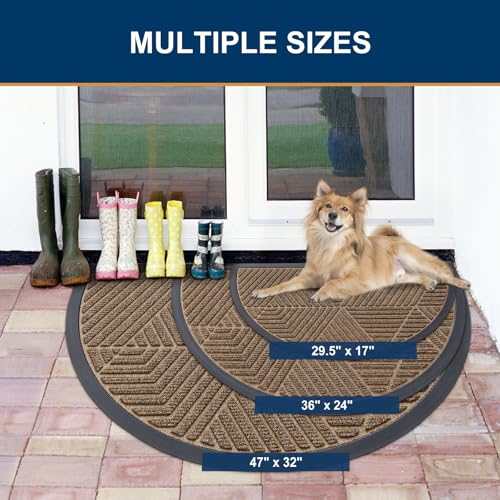 Image of Smiry Half Circle Front Door Mat Outside Entrance, Heavy Duty Sturdy Natural Rubber Doormat, Trap Dirt and Moisture, Low Profile Mats for Indoor Outdoor Entry, Irregular Triangle (29.5x17, Brown)