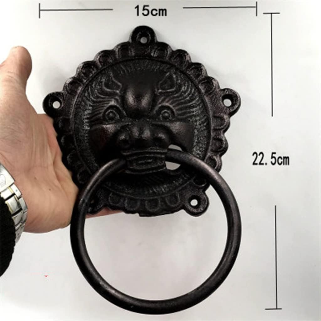 Antique Wooden Door Handle Knockers Lion Head Pulls Handles Cast Iron Black Ring Handle Knobs (Color : Blue, Size : 15cm)