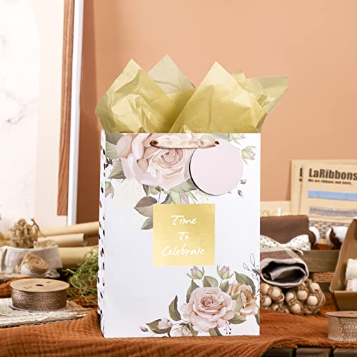 Maypluss 13" Large Pink Gold Gift Bag With Greeting Card And Tissue Paper For Wedding/Anniversary #TOP7