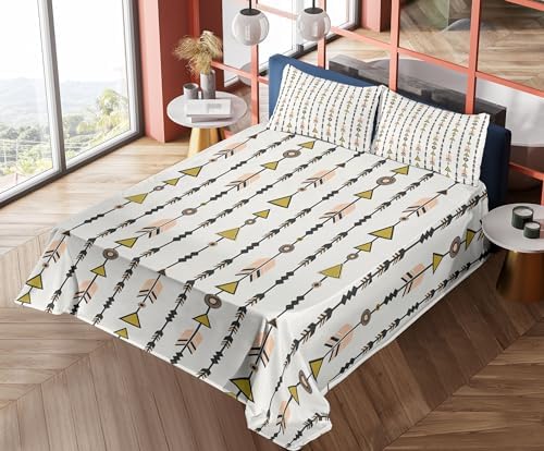 Ambesonne Arrow Sheet Set, Style Arrow and Geometric Pattern in Retro Style Cultural Boho, Fitted and Flat Sheet with Pillowcases Bedding Accent 4 Piece Set, Queen, Black Pink Green - Thumbnail 2