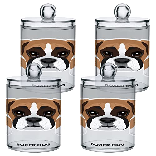 Boxer Dog Puppy Qtip Dispenser Apothecary Jars Bathroom Qtip Holder Storage Canister Plastic Jar 10 Oz for Cotton Ball Swab Round Pads Floss 4pcs