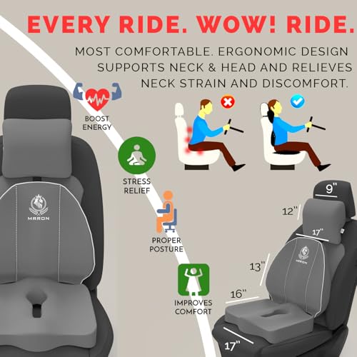 Image of MRRON Memory Foam Posture Corrector Car Seat Cushions Combo | Orthopedic Backrest, Coccyx Cushion & Neckrest | Ergonomic Lumbar Comfort Seat Cushion | Reduces Sciatica, (Grey, Spine Support)