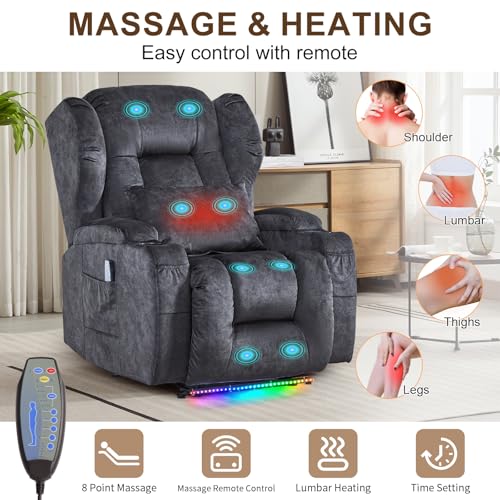 Image of DRMBOOK Power Recliner Chair, Electric Wall Hugger Reclining Sofa with Massage & Heat, Overstuffed Movie Theater Seating with LED /USB Port /Cup Holders for Living Room (Velvet Grey, 2 Chairs)