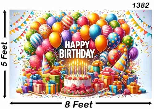 Image of Backdropon Balloon with Cake Themed Happy Birthday Design Backdrop for Birthday Decoration Traditional /Background Curtain Cloth for Party /Festival Size 5 Feet Height and 8 Feet Width(5 * 8)