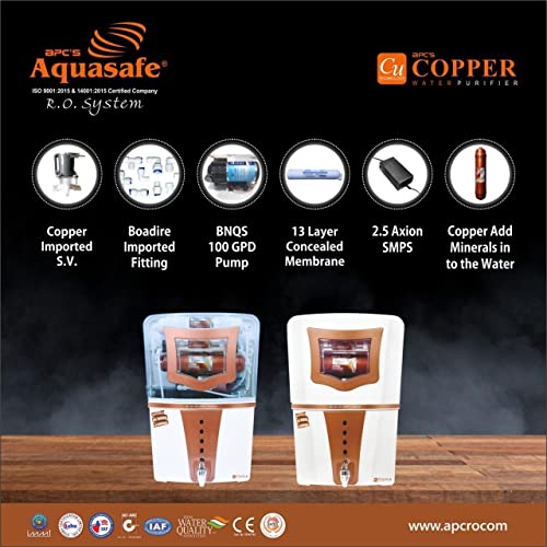 Image of APC's Aquasafe Copper RO+UV Water Purifier | Patented Mineral RO Technology | RO + UV + UF + Copper + TDS Control + UV In-tank | 20 LPH Output | 15L Storage |