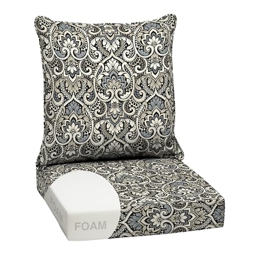 Image of Arden Outdoor Foam Deep Seat Cushion Set, 24 in x 24 in, Weather-Proof, Rain-Proof, Fade Resistant Patio Cushion, Bottom and Back Cushion for Chair, Sofa, and Couch Black Aurora Damask