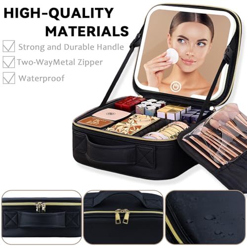 Makeup Bag with LED Mirror, Three-level Adjustable Brightness, Travel Makeup Case with Removable Lighted Mirror, Adjustable Dividers and Brush Storage Board - Image 5