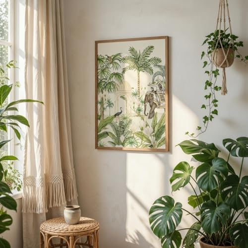 Image of Livin'luxe Tropical Elephant Palace Wall Art with Wooden Frame | Vintage Botanical Jungle HD UV Laminated Print on MDF | Elegant Nature Decor for Living Room Bedroom Office 13.5 x 19.5 Inch