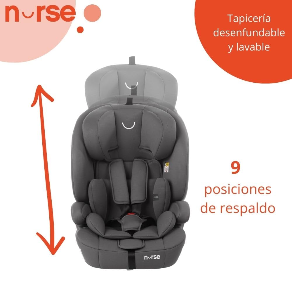 Nurse by Jané Grip Silla de Coche iSize 76–150 cm, 2–12 Años, Sin Isofix, Instalación con Cinturón, 9 Posiciones, Grupo 1 2 3, Gris (Storm)