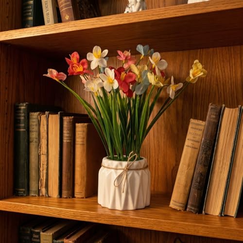 Image of Dekorly Artificial Lavender Plant in White Pot, 18cm - Realistic Faux Flower Arrangement for Home & Office Decor (Set of 1) (1, Grass Lily)