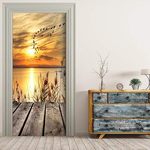 CGDGRA Autocollant 3D Stéréo De Porte 95X215cm Stickers Muraux Stickers Porte Trompe Loeil Chambre Enfant Auto-Adhésif Coucher De Soleil Sur Le Pont Au Bord Du Lac Porte Papier Peint Pvc Décoration De