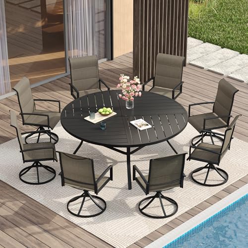 Image of VICLLAX Round Patio Table with Adjustable Umbrella Hole for 8, All Weather Metal Outdoor Dining Table for Lawn Garden, 59.8 inch Outdoor Coffee Table, Black Tabletop