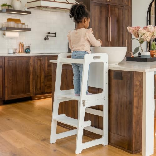 Image of Avenlur Toddler Tower, Date 4-in-1 Kitchen & Learning Tower (White) | Avenlur Date 4-in-1 Kitchen Tower doubles as a kitchen stool for toddlers, montessori tower, and toddler tower table.
