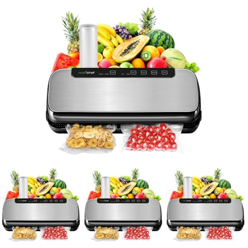 Image of NutriChef Food Vacuum Sealer Machine,Stainless Steel Automatic Air SealingSystem for Dry /Moist Food,LED Touch Control,Includes Vacuum Hose,Bag Roll & Wine Stopper,110W Suction Power,14 inchx6 inch (Pack of 4)