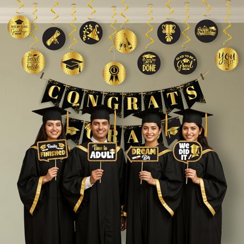 Image of Party Propz Graduation Decoration kit - 56 Pcs Graduation Party Props with Sticks | Decoration Items for Decorations | School and College graduation's Decoration's (Cardstock)
