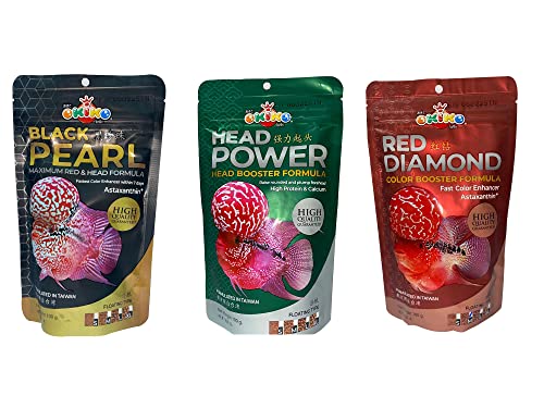 Image of COLOURFUL AQUARIUM Okiko Flower Horn Fish Food|Head Booster Formula|Fast Color Enhancer Astaxanthin Plus (Head Power + Black Pearl + Red Diamond - Each 100 G),All Life Stages,Powder