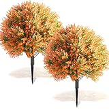 Yunlly Set of 2 Thanksgiving Topiary Tree 24" Fall Topiary Outdoor Artificial Boxwood Ball Faux Bush with Ground Spike, UV Resistant Fake Shrubs Realistic Plants for Garden Porch Decor(Orange)