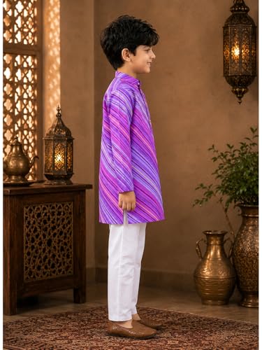 Image of superminis Cotton Boys Sanganeri Lehariya Printed Kurta Set with White Pyjama Elastic Closure