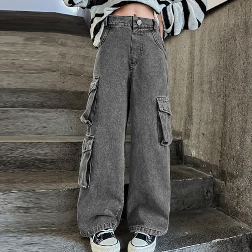 Stylish Girls Cargo Pants Elastic Waist Casual Denim Wide Leg Pants with Pockets for Everyday Wear4