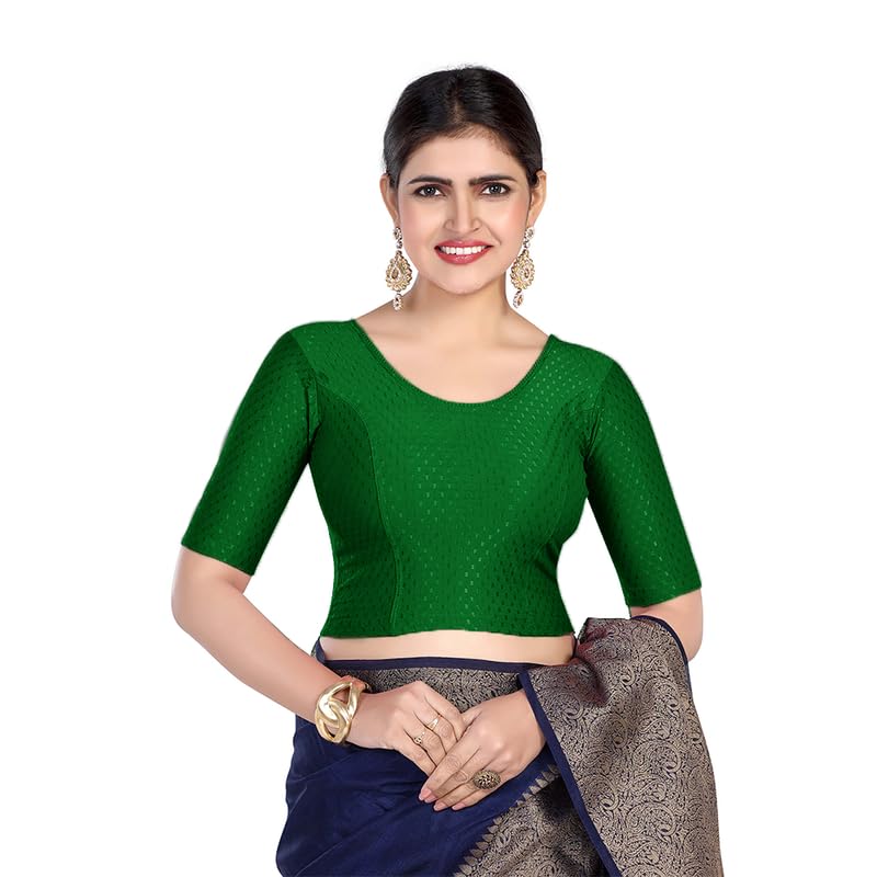 Image of FINESTFIT Round Neck Stretchable Elbow Sleeve Readymade Saree Blouse for Women, 100% Cotton Dobby Fabric