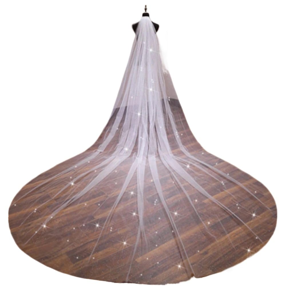 ROMDANTY Sparkly Long Bridal Veil, Glittering White Champagne Gold Cathedral Wedding Veil with Comb, Sequin Embellished, Ideal for Bridal Showers and Weddings